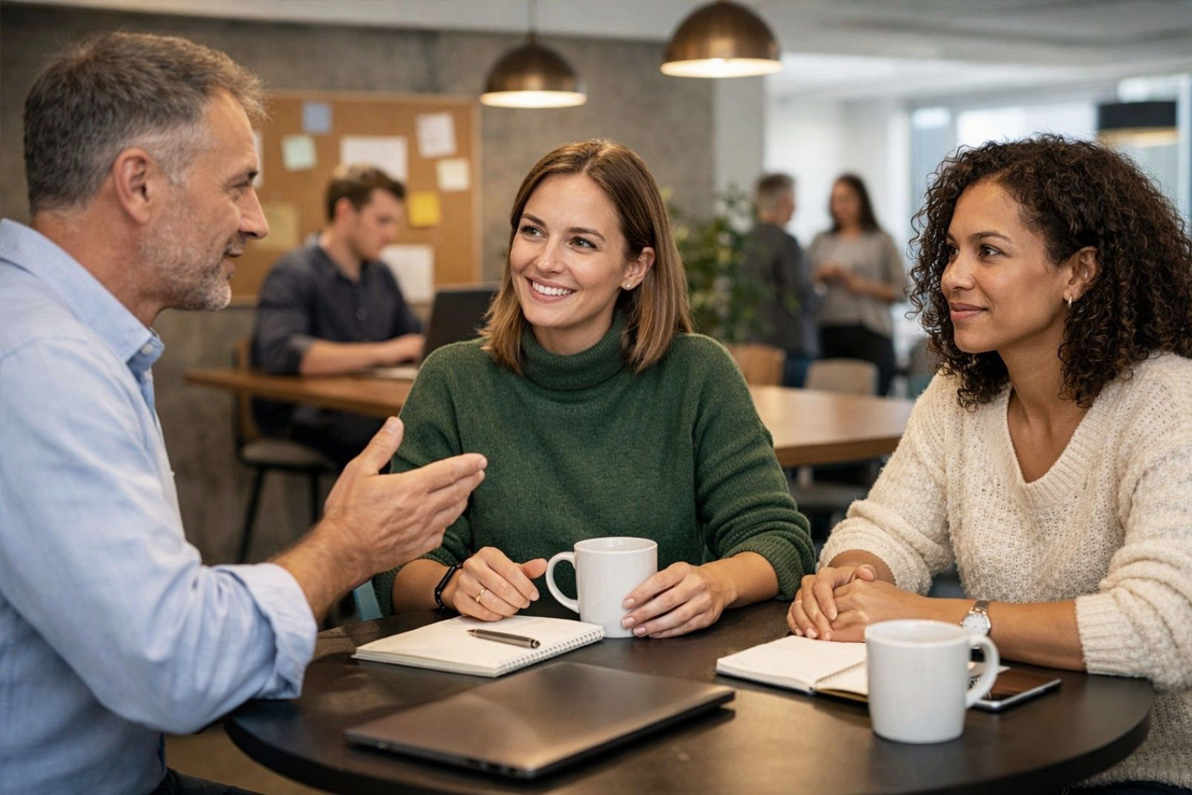 Zakelijke bespreking met drie personen aan tafel.